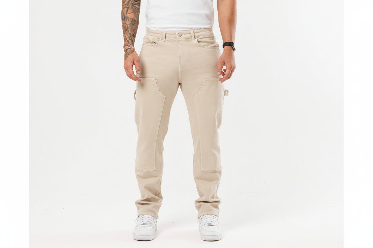 Men's Relaxed Fit Carpenter Jeans - Straight-Leg Denim Utility Pants, Stone Khaki