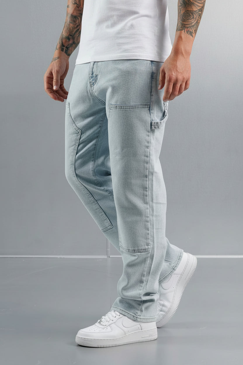 Men's Relaxed Fit Carpenter Jeans - Straight-Leg Denim Utility Pants, Bleach Wash