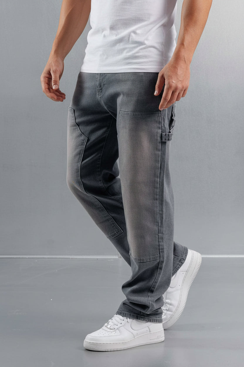Men's Relaxed Fit Carpenter Jeans - Straight-Leg Denim Utility Pants, Classic Grey