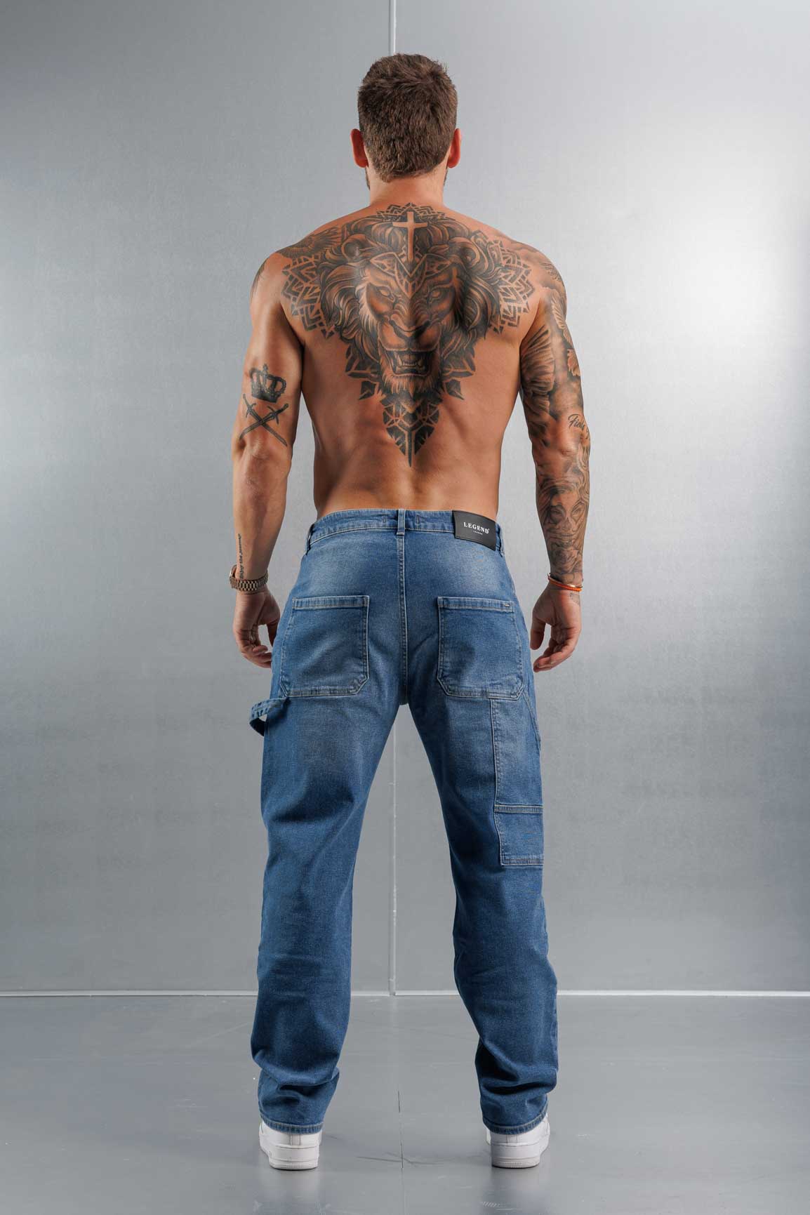 Golden Shore Men's Relaxed Fit Carpenter Jeans - Straight-Leg Denim Utility Pants, Mid Blue Denim