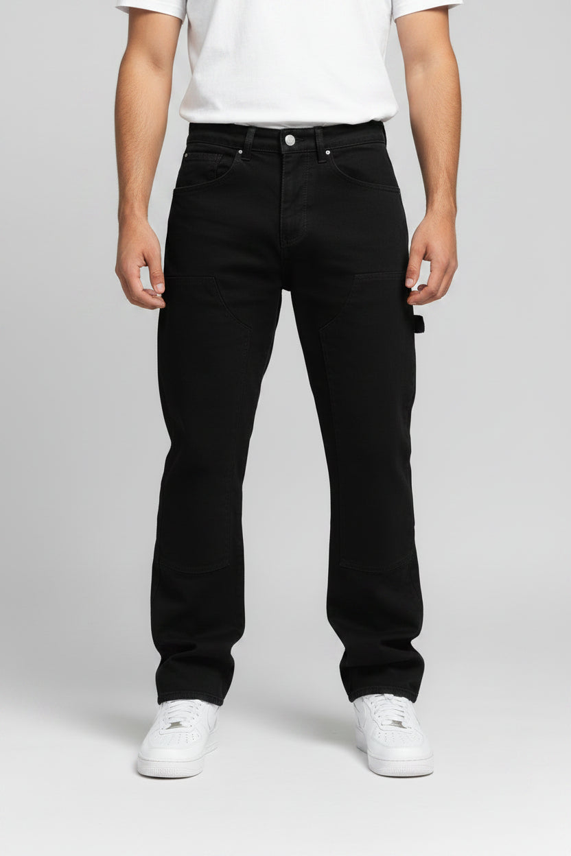 Men's Relaxed Fit Carpenter Jeans - Straight-Leg Denim Utility Pants, Washed Black