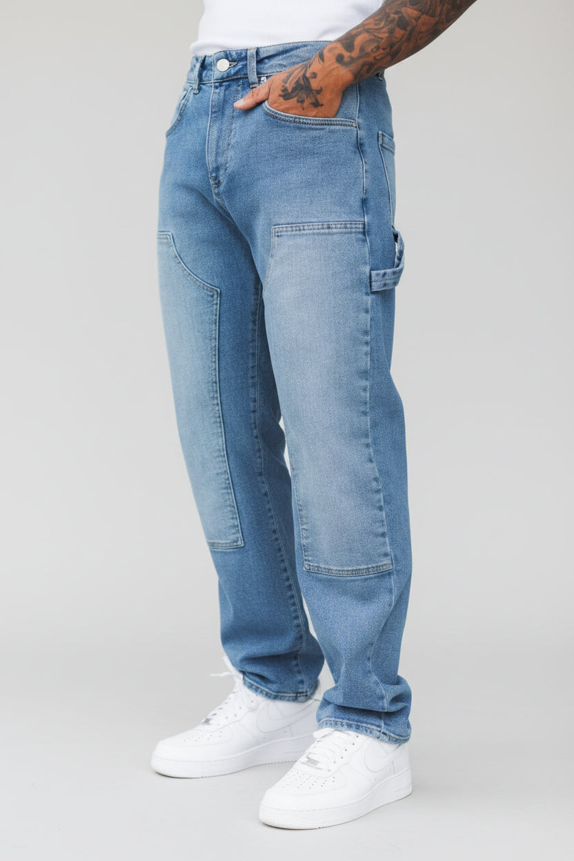 Men's Relaxed Fit Carpenter Jeans - Straight-Leg Denim Utility Pants, Washed Light Blue