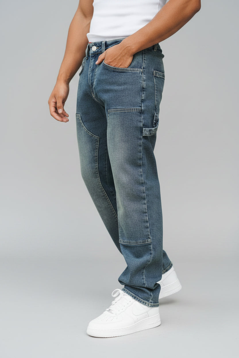 Men's Relaxed Fit Carpenter Jeans - Straight-Leg Denim Utility Pants, Washed Stone Blue