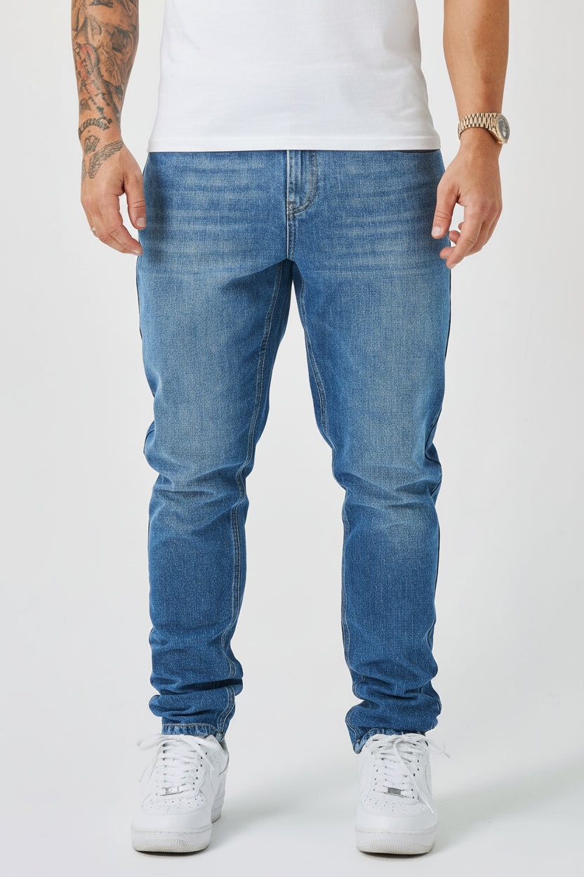Men's Regular Fit Denim Jeans - Mid Blue Wash Premium Classic Straight Leg Cotton Pants, Casual Five-Pocket Everyday Trousers