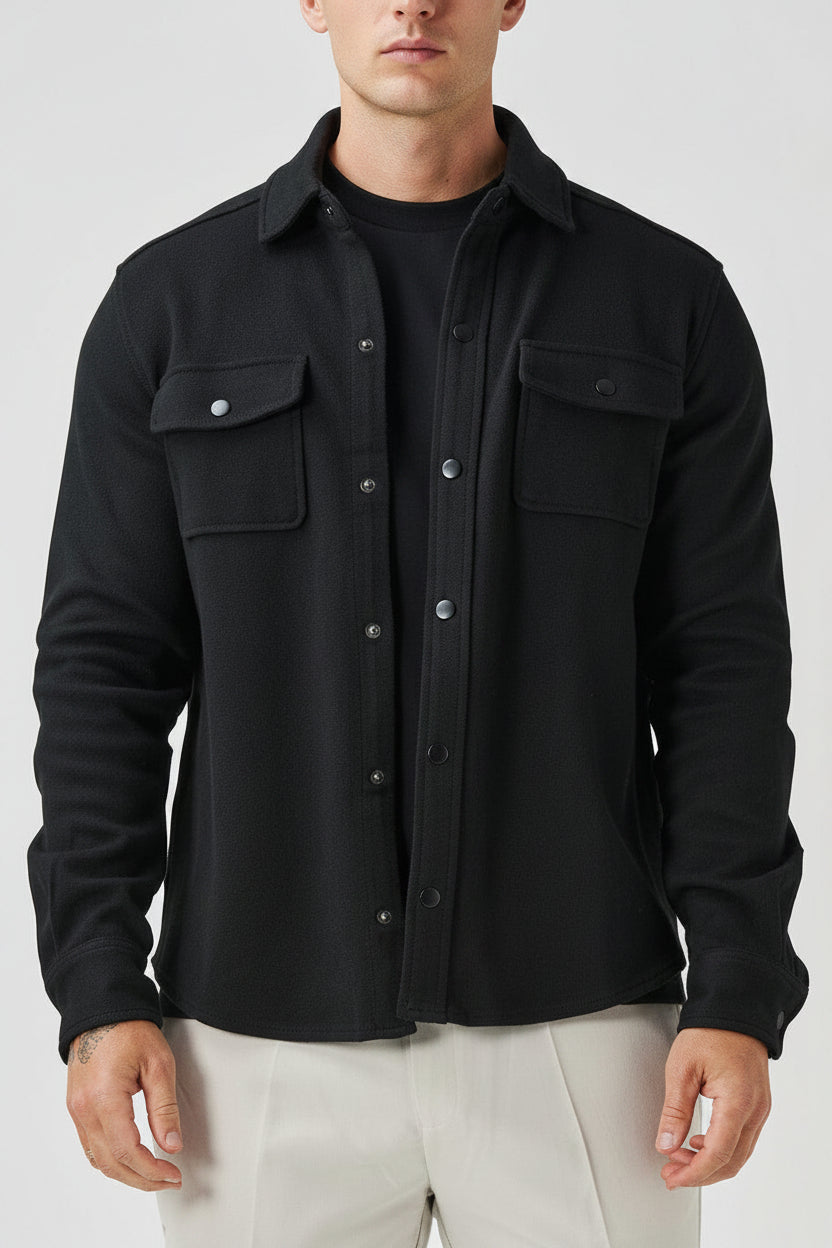 Men's Classic Cotton Blend Overshirt - Jet Black Premium Lightweight Double-Construction Jacket, Smart Relaxed Layering Shirt