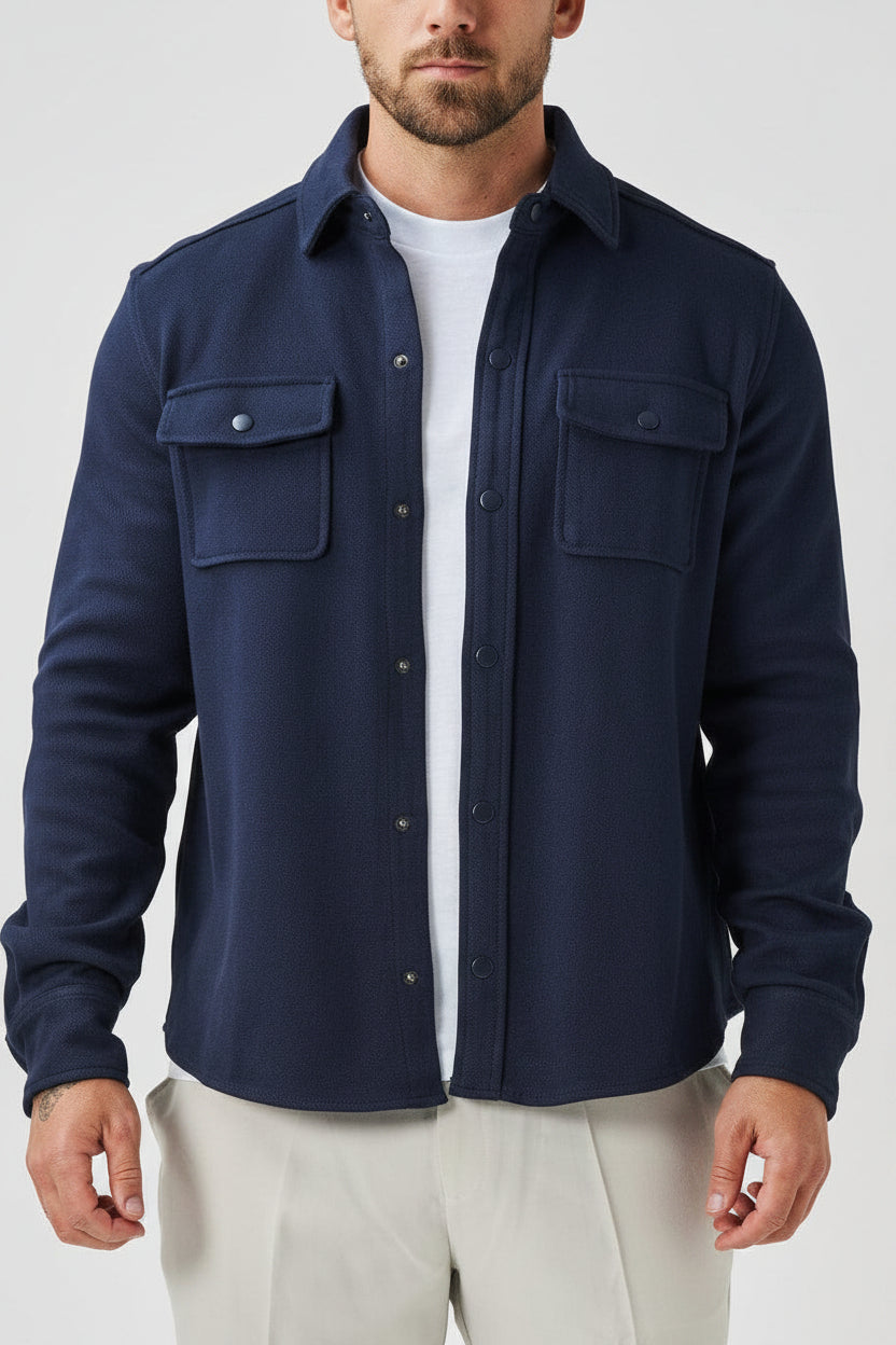 Men's Classic Cotton Blend Overshirt - Navy Blue Premium Lightweight Double-Construction Jacket, Relaxed Fit Resort Layering Shirt