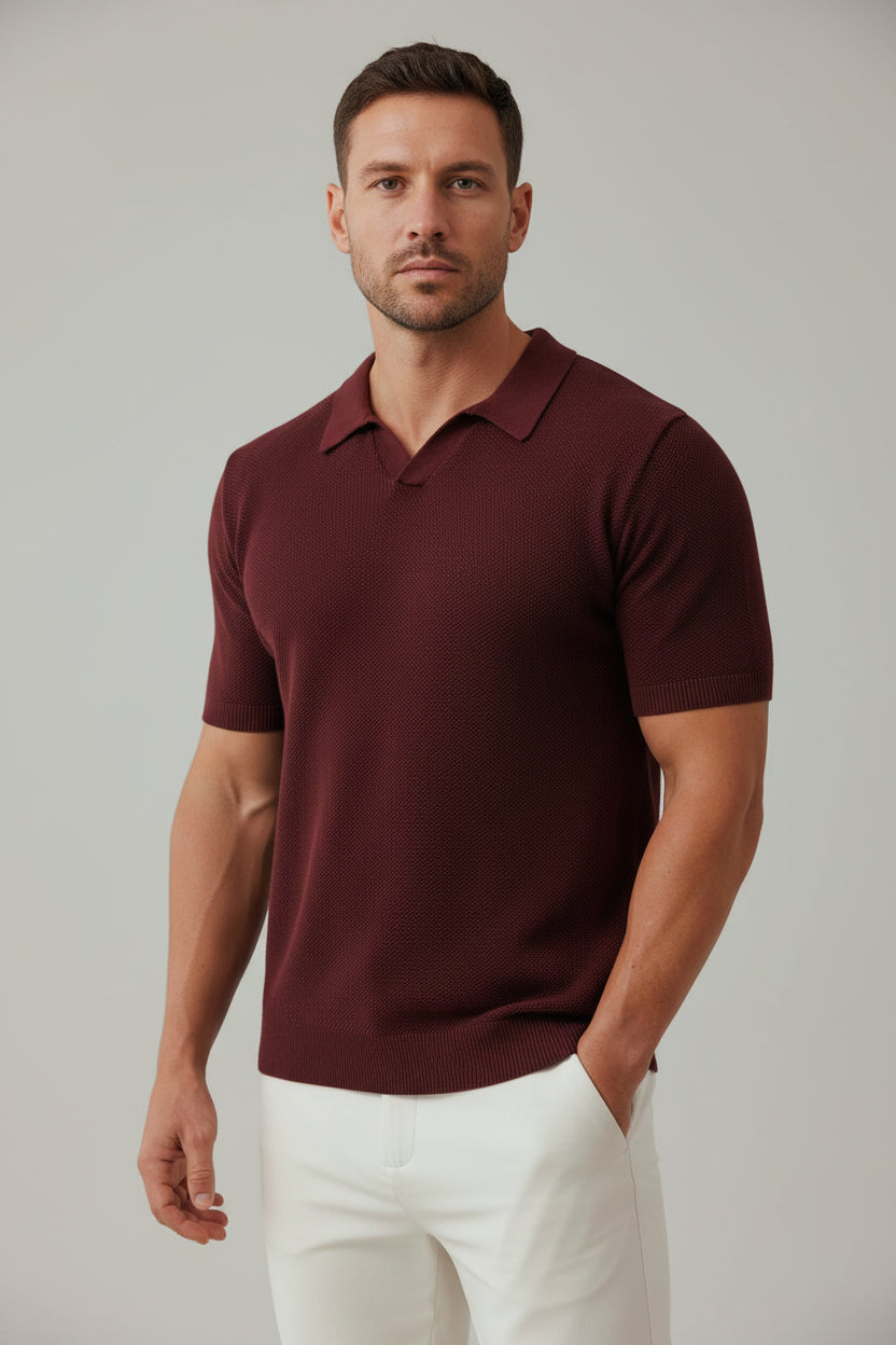 Men's Classic Pique Cotton Polo Shirt - Short Sleeve Slim Fit Summer Top, Burgundy