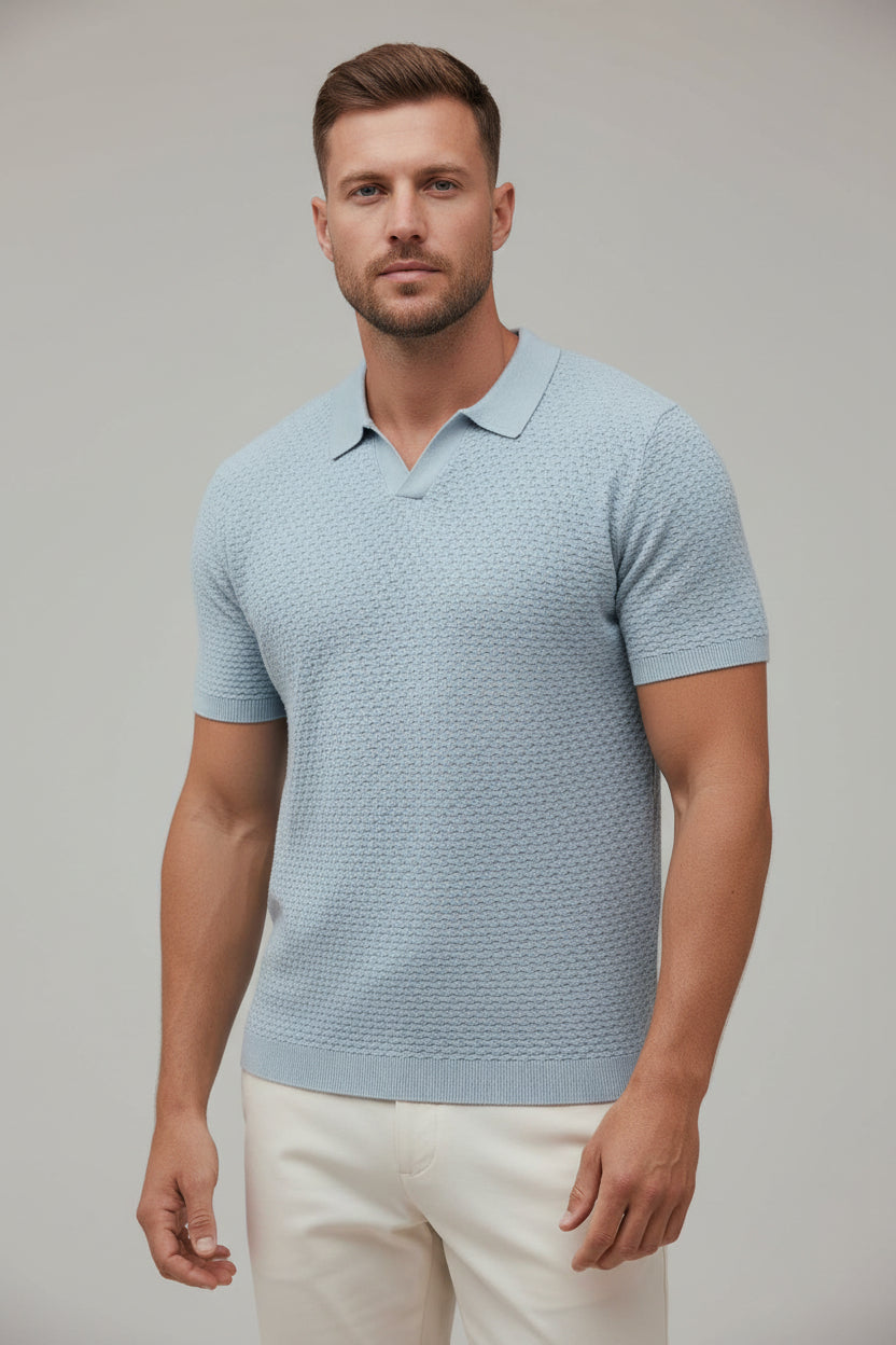 Men's Classic Cotton Knit Polo Shirt - Baby Blue Short Sleeve Casual Top, Premium Breathable Resort Golf Tennis Shirt