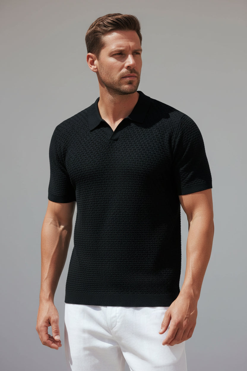 Men's Classic Cotton Knit Polo Shirt - Jet Black Short Sleeve Casual Top, Premium Breathable Resort Luxury Smart Shirt