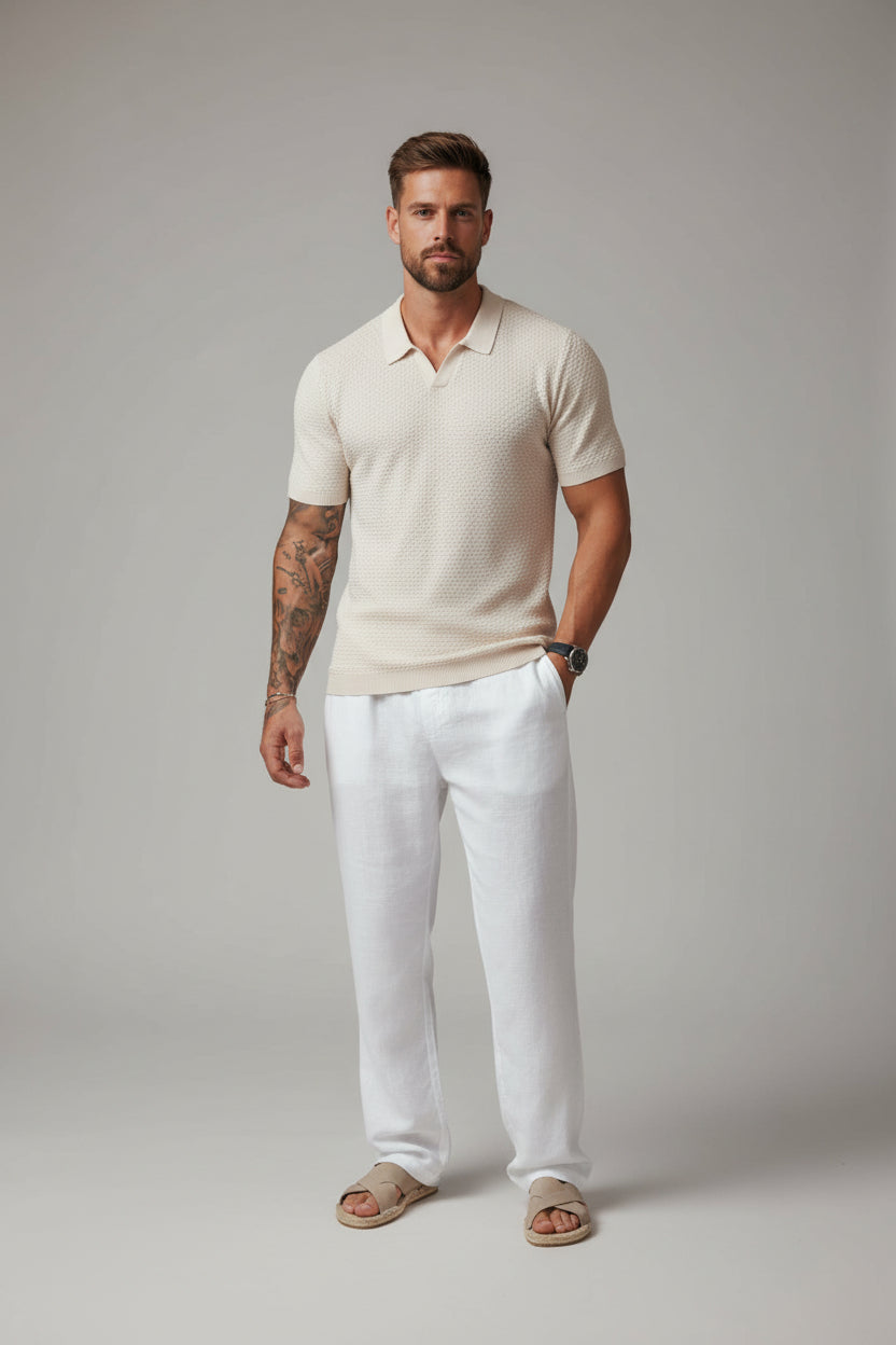 Men's Classic Cotton Knit Polo Shirt - Premium Cream Short Sleeve Casual Top, Breathable Off-White Resort Luxury Shirt