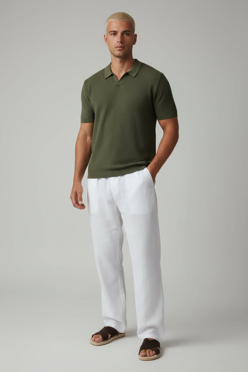 Men's Classic Cotton Knit Polo Shirt - Olive Green Short Sleeve Casual Top, Premium Breathable Resort Earthy Smart Shirt