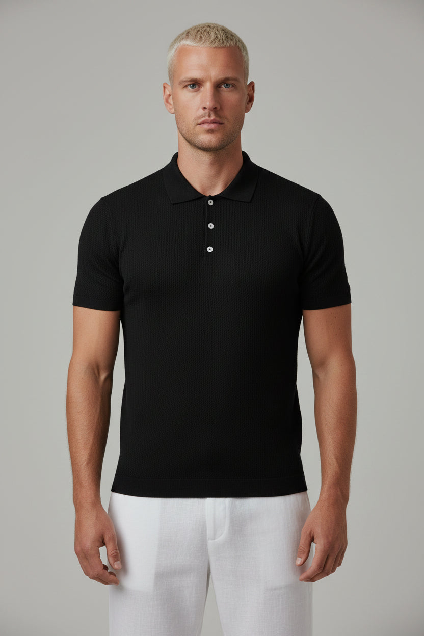 Men's Textured Waffle Knit Polo Shirt - Jet Black Premium Lightweight Top, Casual Open Resort Collar Summer Polo