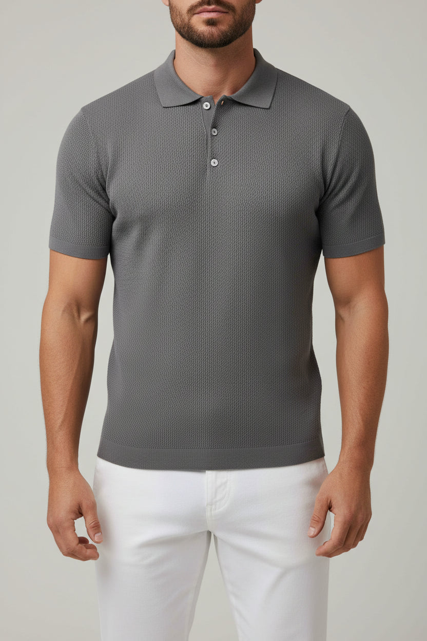 Men's Textured Waffle Knit Polo Shirt - Charcoal Dark Grey Premium Lightweight Top, Casual Open Resort Collar Summer Polo