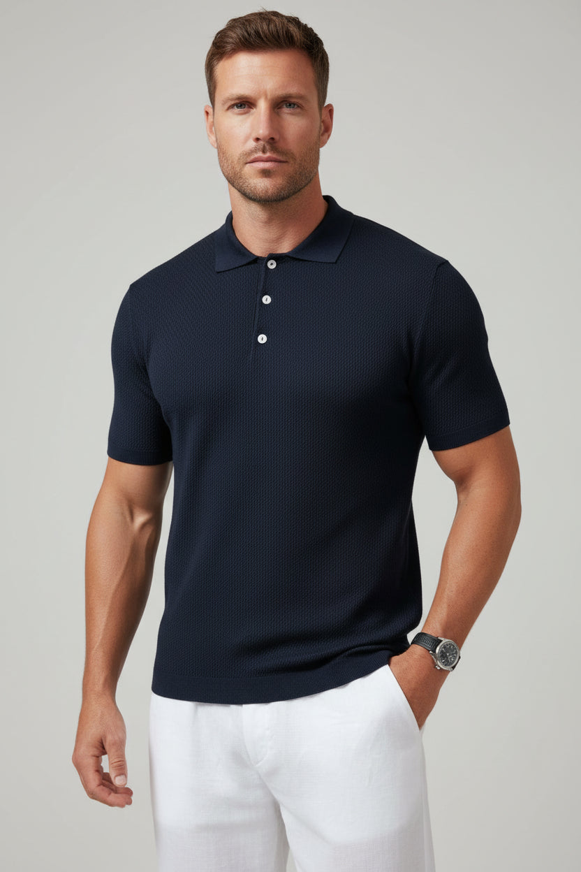 Men's Textured Waffle Knit Polo Shirt - Classic Navy Blue Premium Lightweight Top, Casual Open Resort Collar Summer Polo