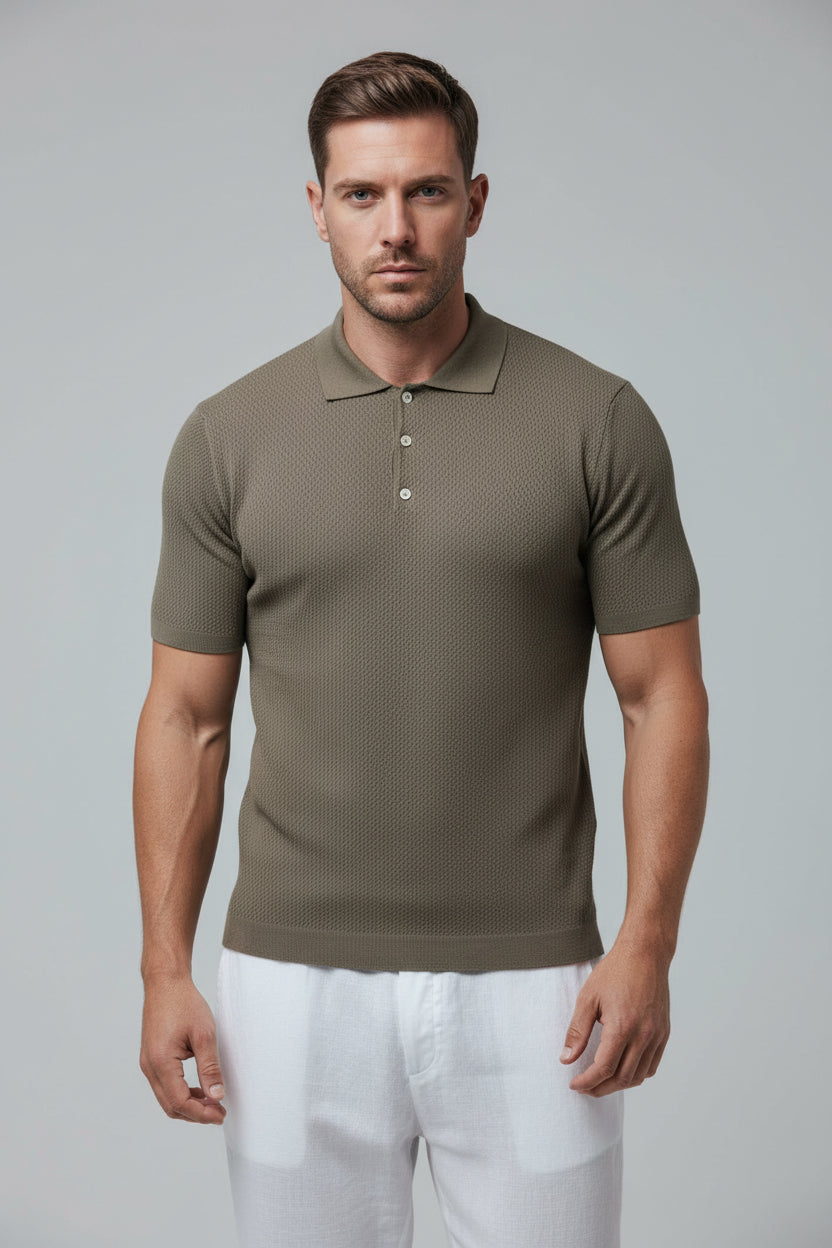 Men's Textured Waffle Knit Polo Shirt - Military Olive Green Premium Lightweight Top, Casual Open Resort Collar Summer Polo