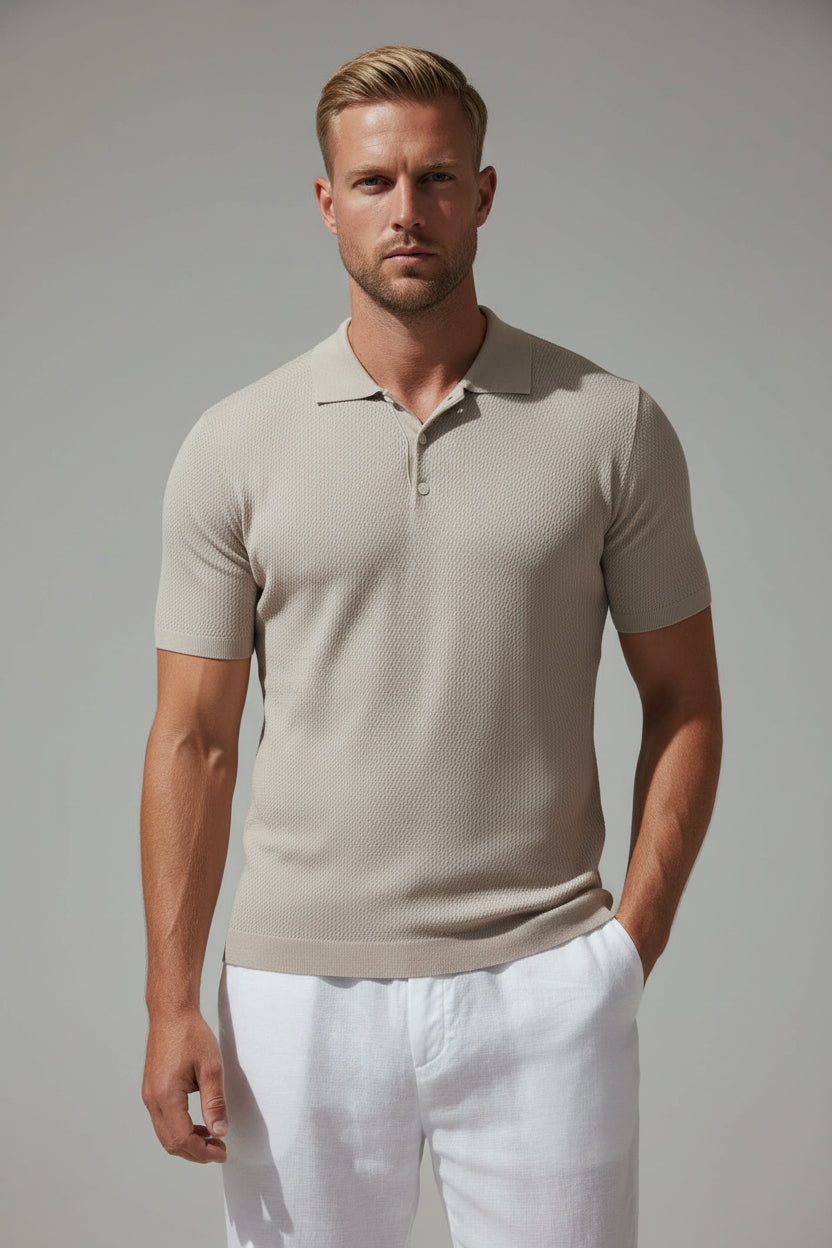 Men's Textured Waffle Knit Polo Shirt - Desert Taupe Beige Premium Lightweight Top, Casual Open Resort Collar Summer Polo