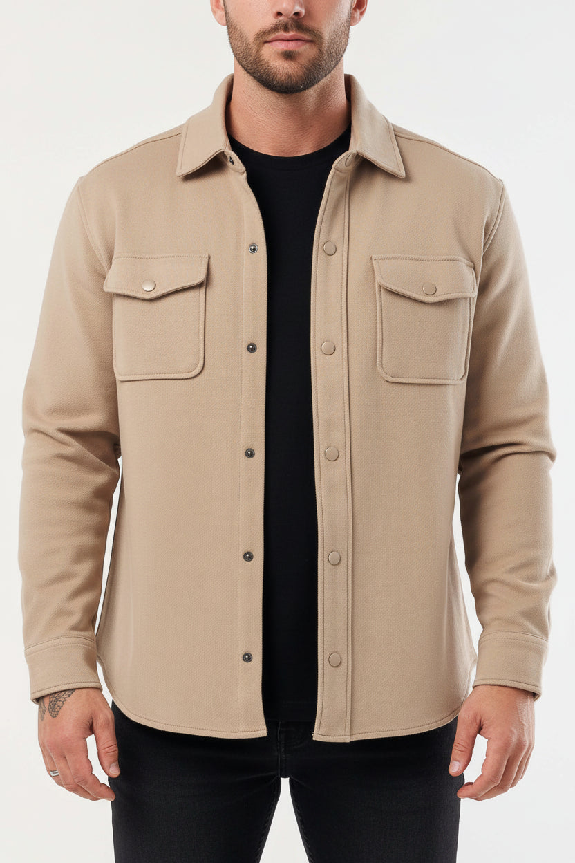 Men's Classic Cotton Blend Overshirt - Beige Premium Lightweight Double-Construction Jacket, Relaxed Fit Casual Layering Piece