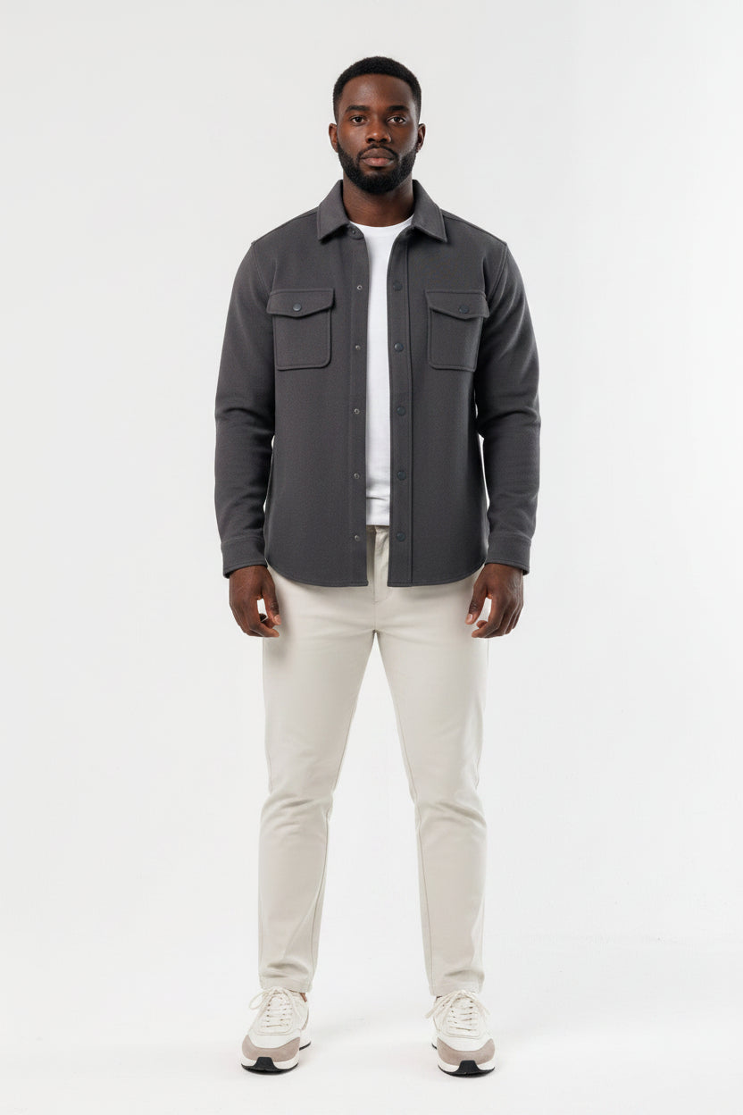 Men's Classic Cotton Blend Overshirt - Dark Grey Charcoal Premium Lightweight Double-Construction Jacket, Casual Layering Shirt