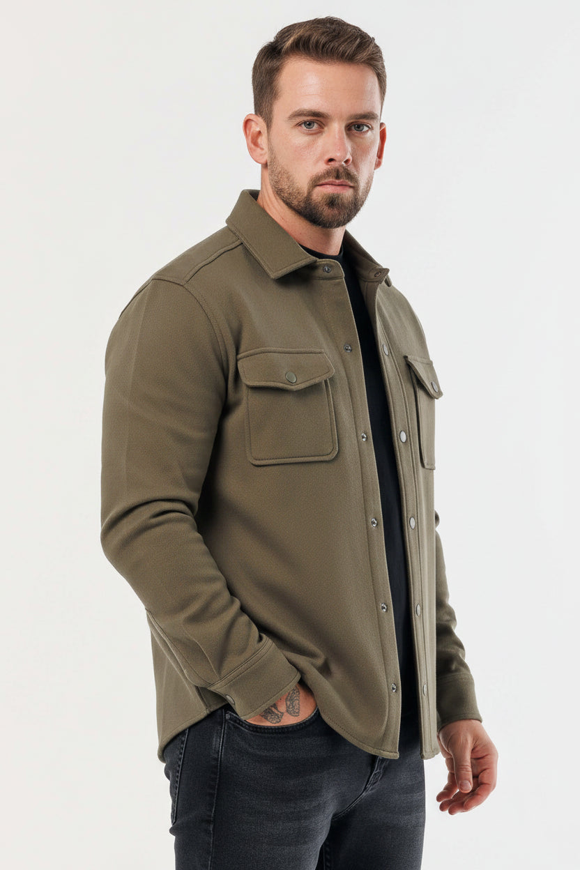 Men's Classic Cotton Blend Overshirt - Khaki Green Premium Lightweight Double-Construction Jacket, Relaxed Fit Utility Layering Shirt