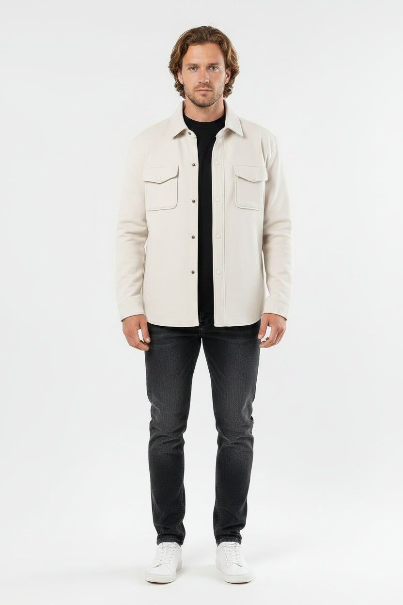 Men's Classic Cotton Blend Overshirt - Stone Off-White Premium Lightweight Double-Construction Jacket, Casual Layering Shirt