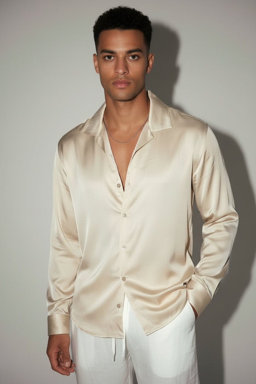 Men's Flow Relaxed Fit Shirt - Breathable Casual Button-Down, Oat Cream Long Sleeve Resort Top