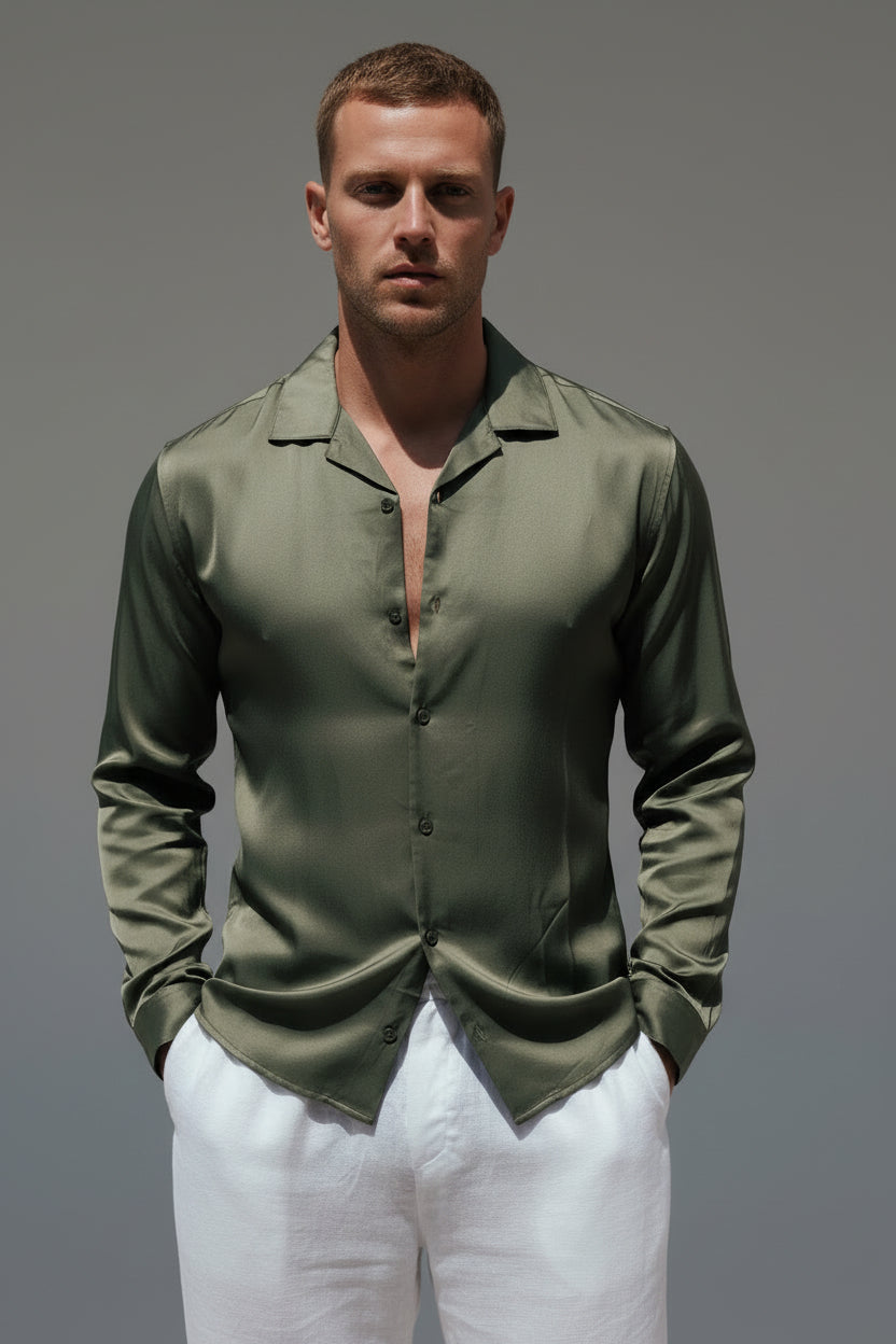 Men's Flow Relaxed Fit Shirt - Breathable Casual Button-Down, Olive Green Long Sleeve Resort Top