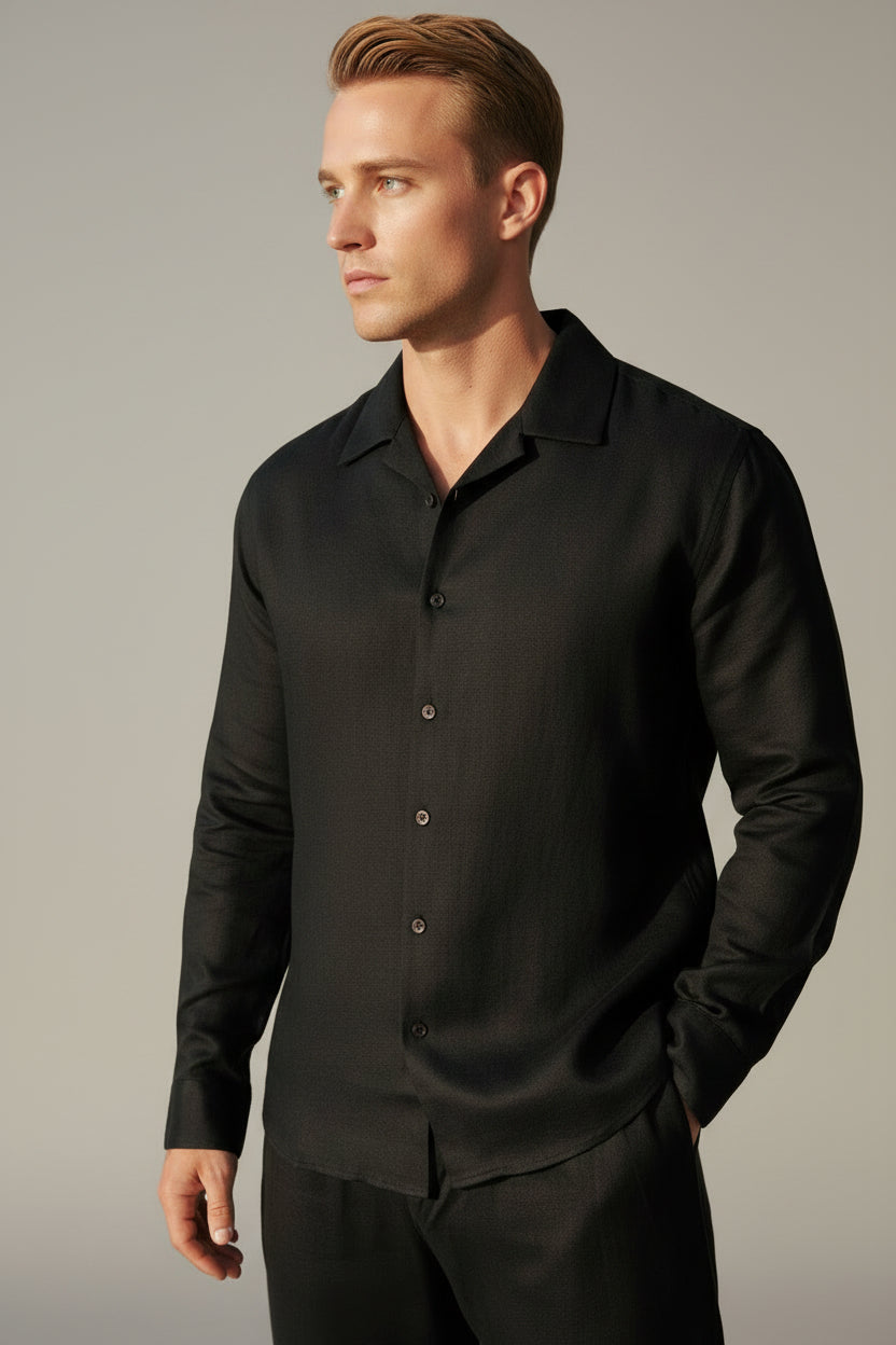 Men's Loose Fit Linen Shirt - Breathable Casual Button-Down, Black Long Sleeve Resort Top