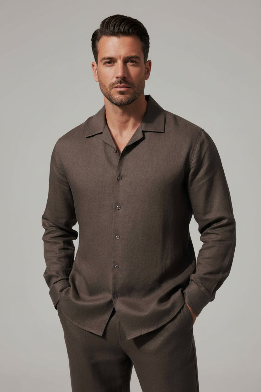 Men's Loose Fit Linen Shirt - Breathable Casual Button-Down, Oak Brown Long Sleeve Resort Top