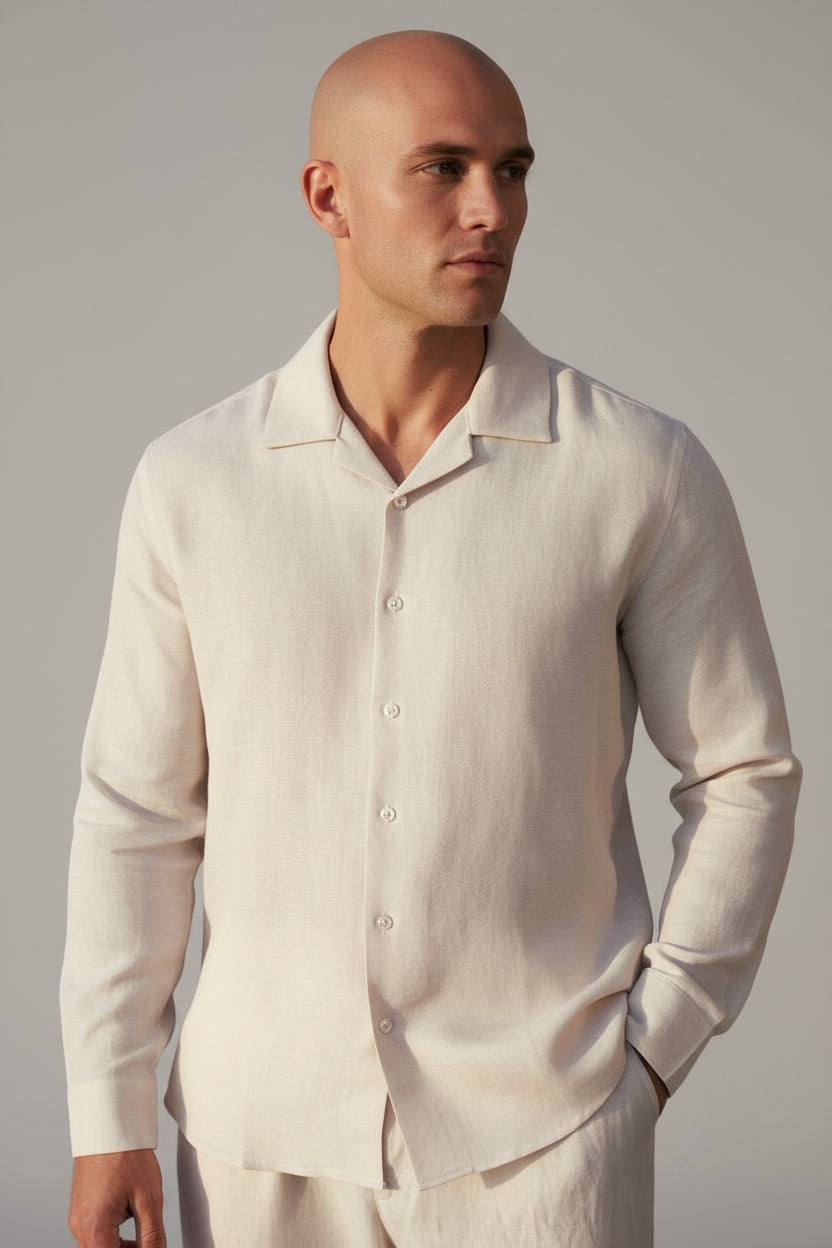Men's Loose Fit Linen Shirt - Breathable Casual Button-Down, Oat Cream Long Sleeve Resort Top