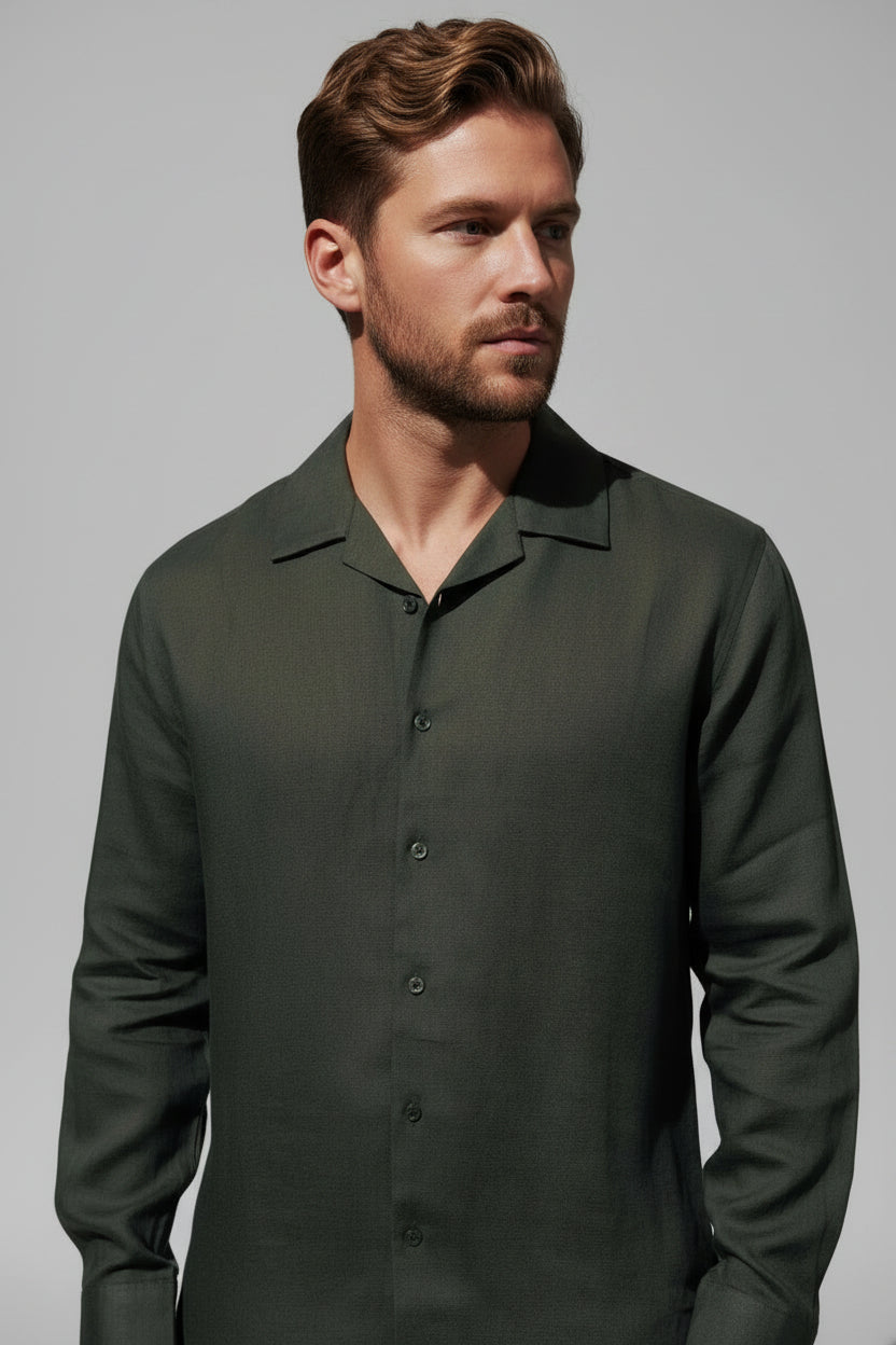 Men's Loose Fit Linen Shirt - Breathable Casual Button-Down, Olive Green Long Sleeve Resort Top