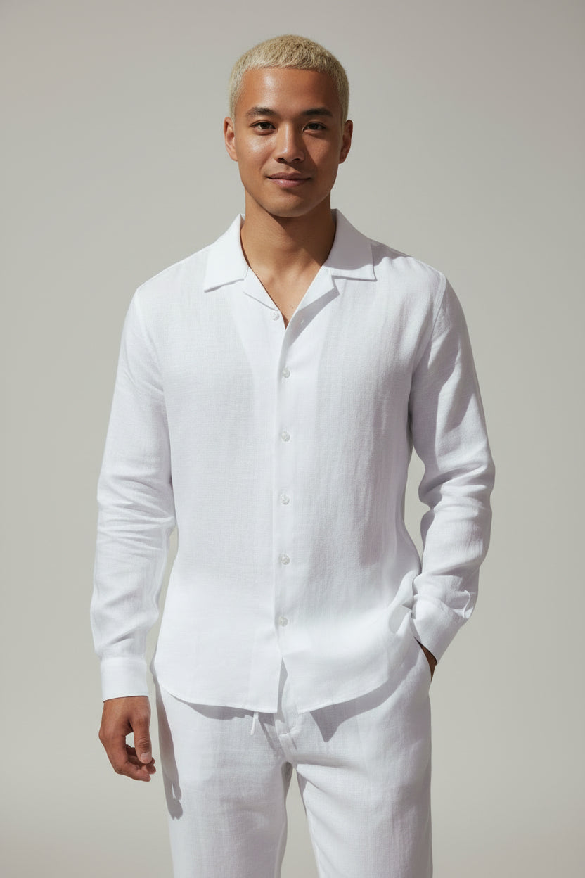 Men's Loose Fit Linen Shirt - Breathable Casual Button-Down, Classic White Long Sleeve Resort Top