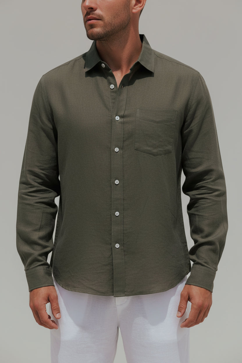 Men's Luxe Tailored Linen Shirt - Breathable Casual Button-Down, Dark Olive Green Long Sleeve Resort Top