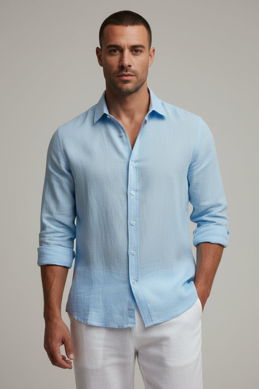 Men's Luxe Tailored Linen Shirt - Breathable Casual Button-Down, Soft Light Blue Long Sleeve Resort Top