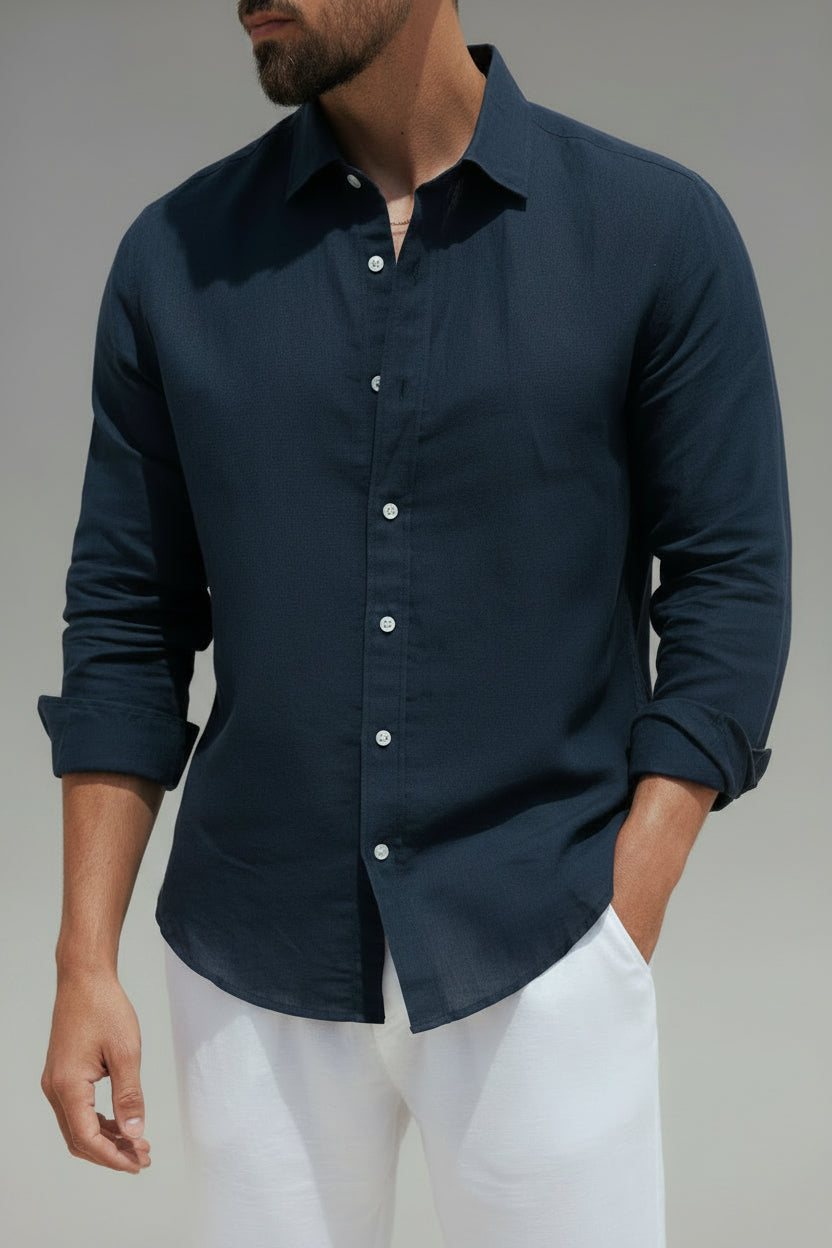 Men's Luxe Tailored Linen Shirt - Breathable Casual Button-Down, Classic Midnight Navy Long Sleeve Resort Top