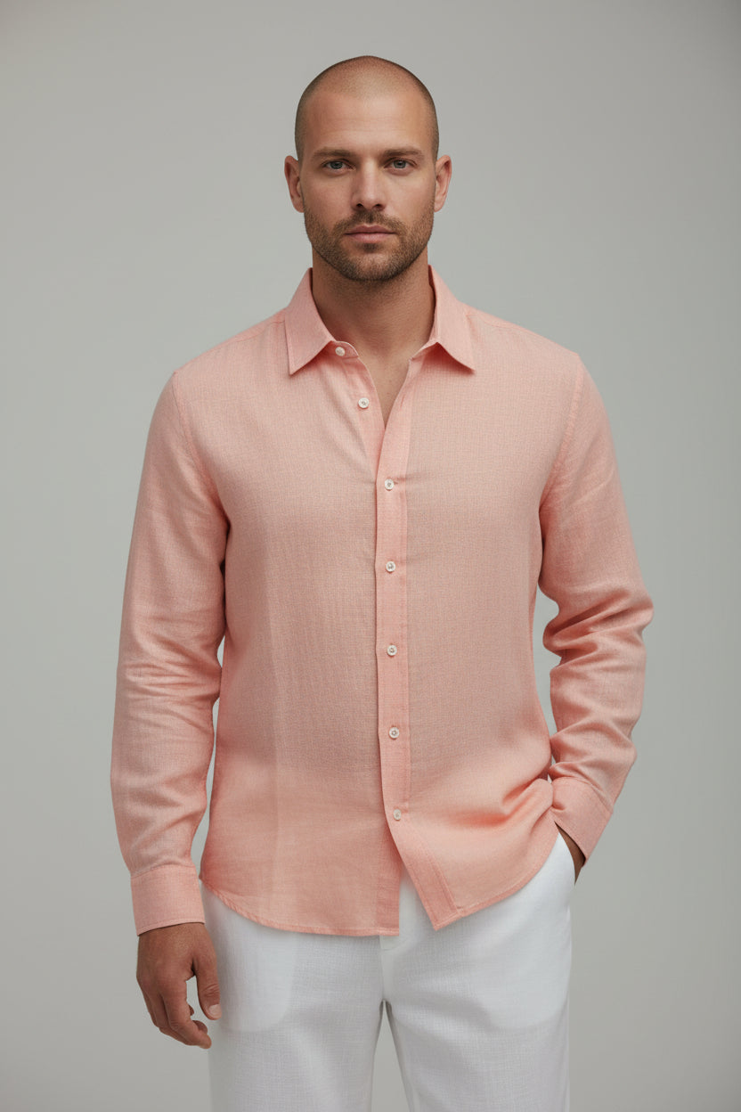 Men's Luxe Tailored Linen Shirt - Breathable Casual Button-Down, Pastel Salmon Pink Long Sleeve Resort Top