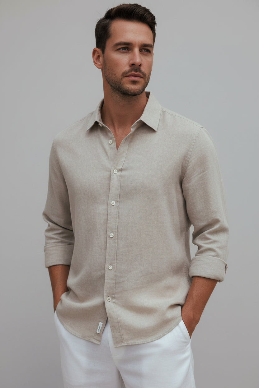 Men's Luxe Tailored Linen Shirt - Breathable Casual Button-Down, Warm Taupe Beige Long Sleeve Resort Top