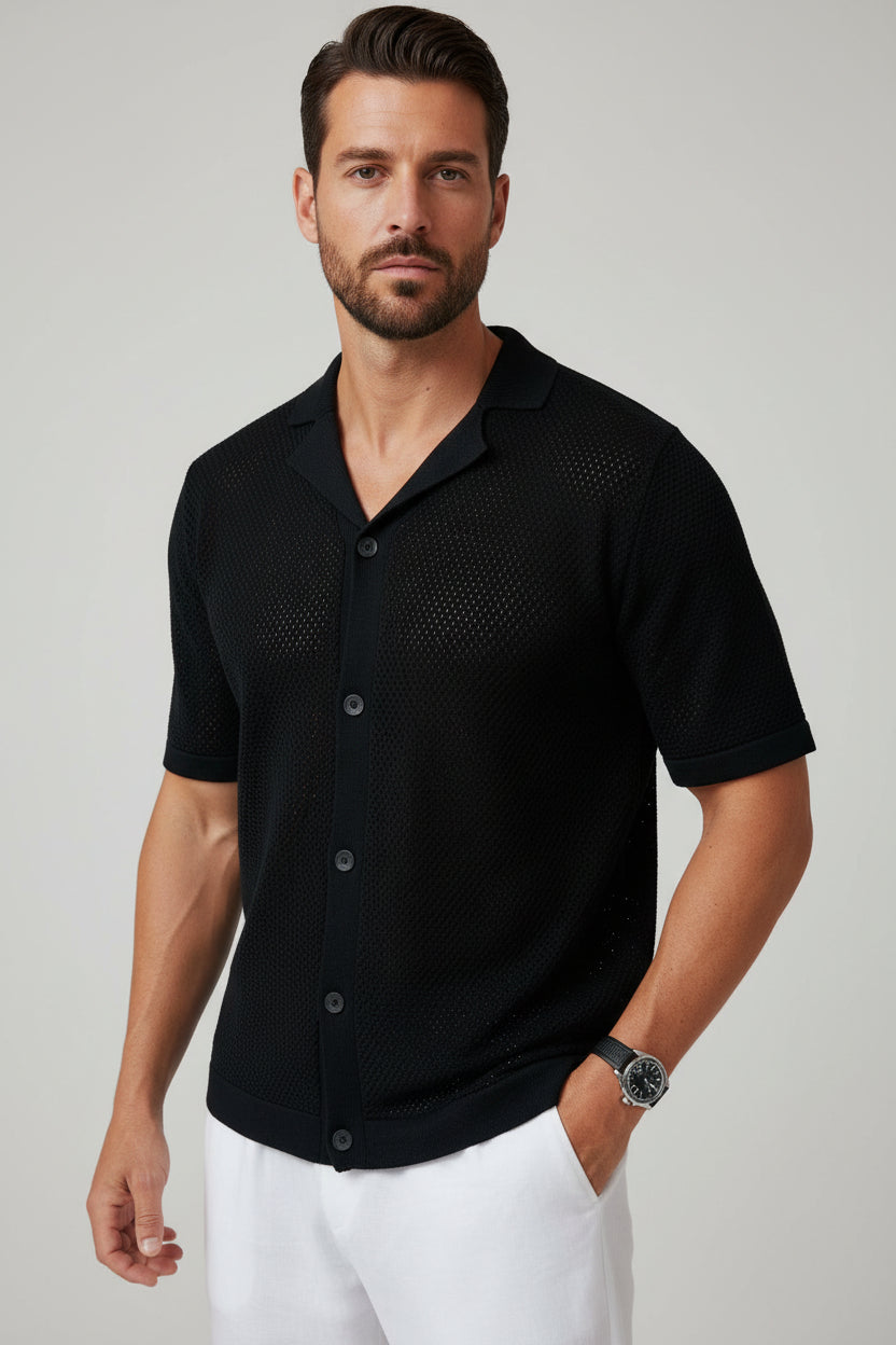 Men's Peak Knit Button-Up Shirt - Jet Black Premium Textured Summer Resort Polo, Casual Lightweight Short Sleeve Knitwear