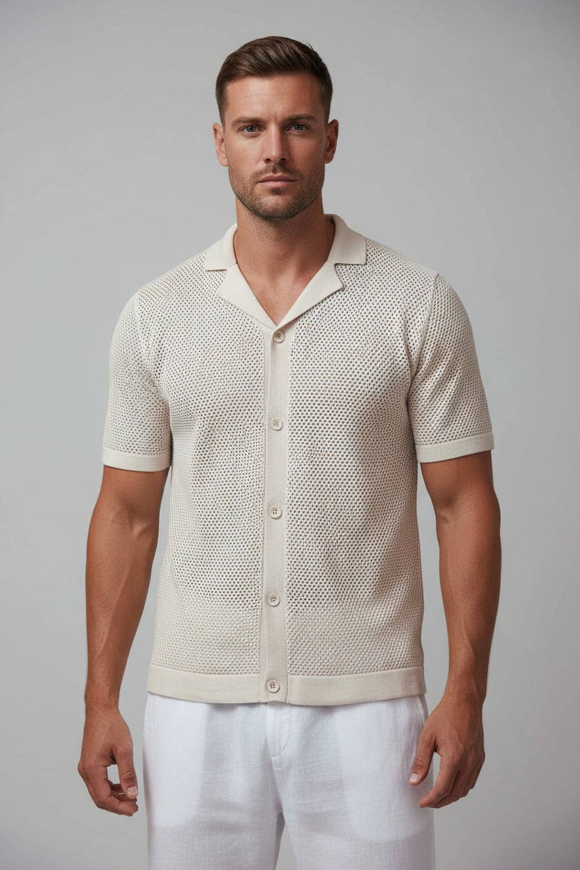 Men's Peak Knit Button-Up Shirt - Cream Premium Textured Off-White Resort Polo, Casual Lightweight Short Sleeve Knitwear
