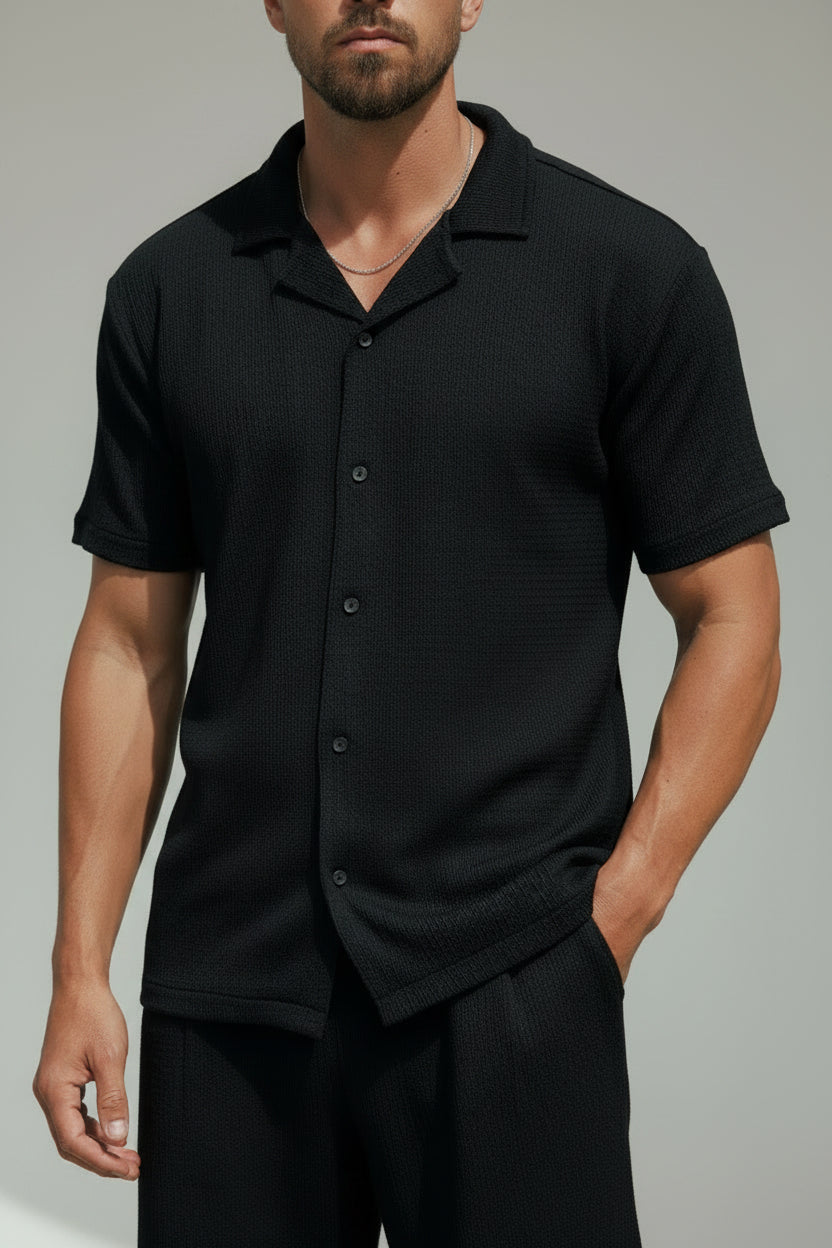 Men's Textured Short Sleeve Button-Up Shirt - Jet Black Premium Lightweight Shirt, Casual Camp Collar Summer Resort Shirt