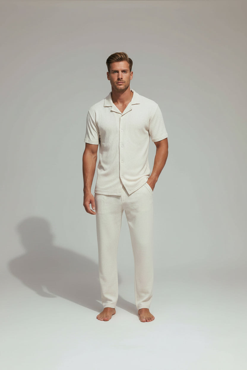 Men's Textured Short Sleeve Button-Up Shirt - Warm Cream Premium Lightweight Shirt, Casual Camp Collar Summer Resort Shirt