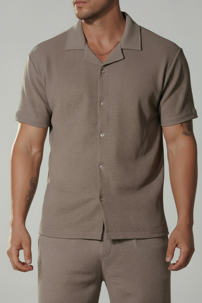 Men's Textured Short Sleeve Button-Up Shirt - Desert Taupe Premium Lightweight Shirt, Casual Camp Collar Summer Resort Shirt