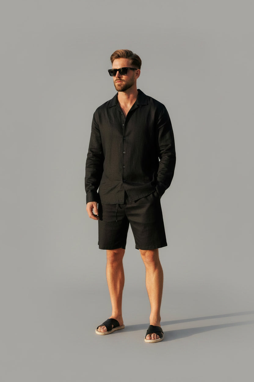 Men's Casual Linen Shorts - Lightweight Drawstring Summer Shorts, Breathable Black Beach Lounge Bottoms
