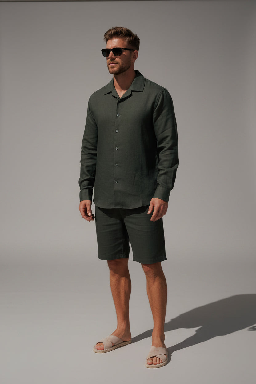Men's Casual Linen Shorts - Lightweight Drawstring Summer Shorts, Breathable Olive Green Beach Lounge Bottoms