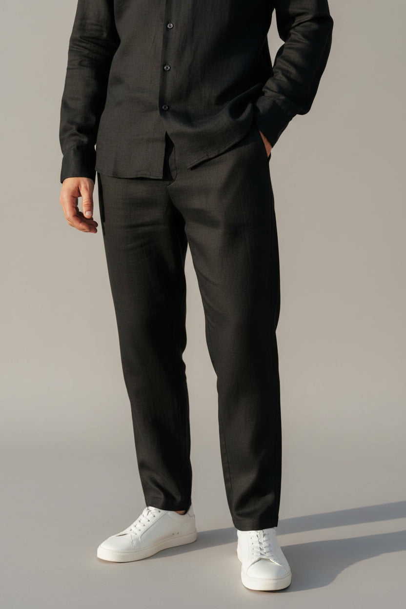 Men's Casual Linen Trousers - Lightweight Breathable Summer Pants, Relaxed Fit Black Vacation Slacks