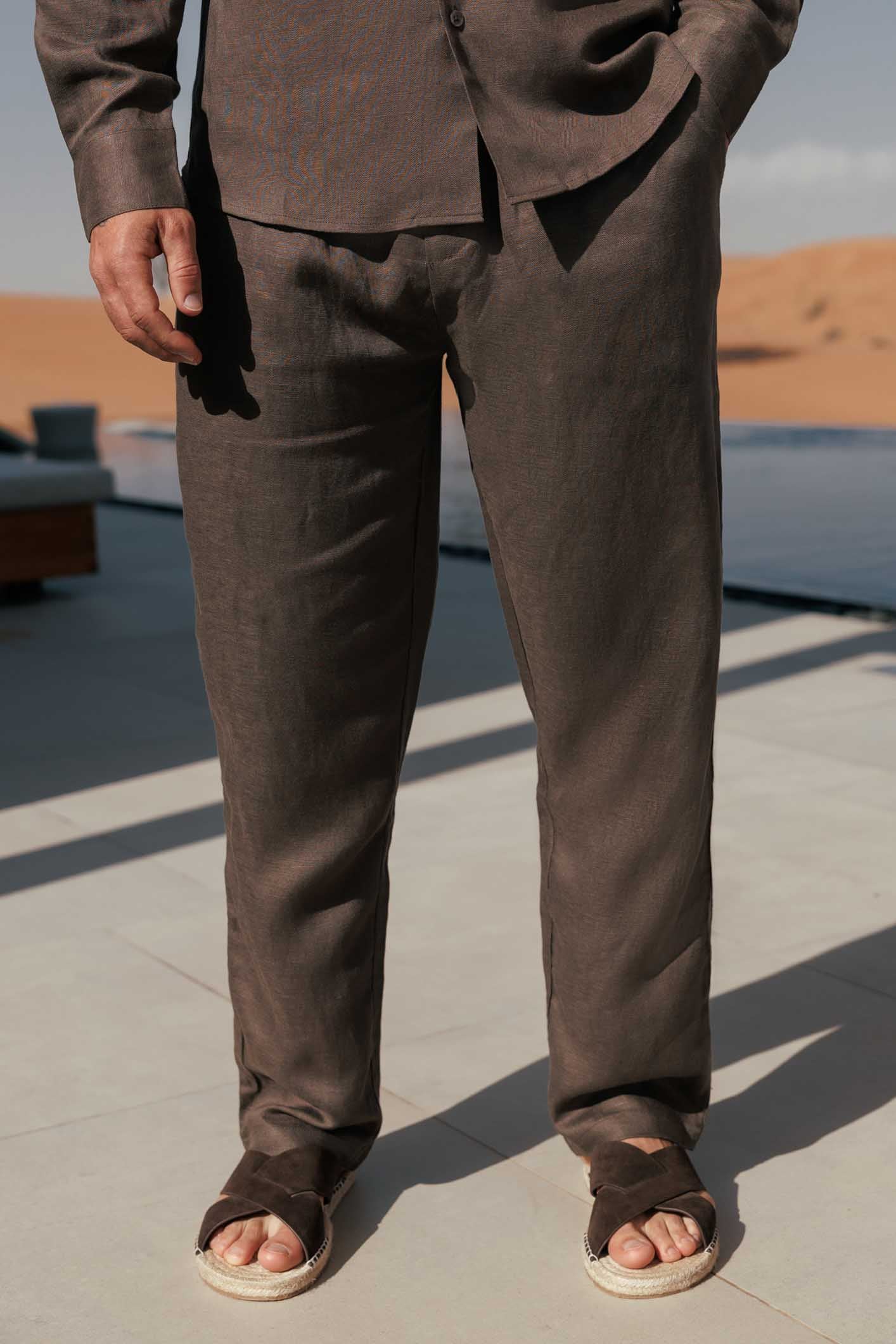 Men's Casual Linen Trousers - Lightweight Breathable Summer Pants, Relaxed Fit Oak Brown Vacation Slacks