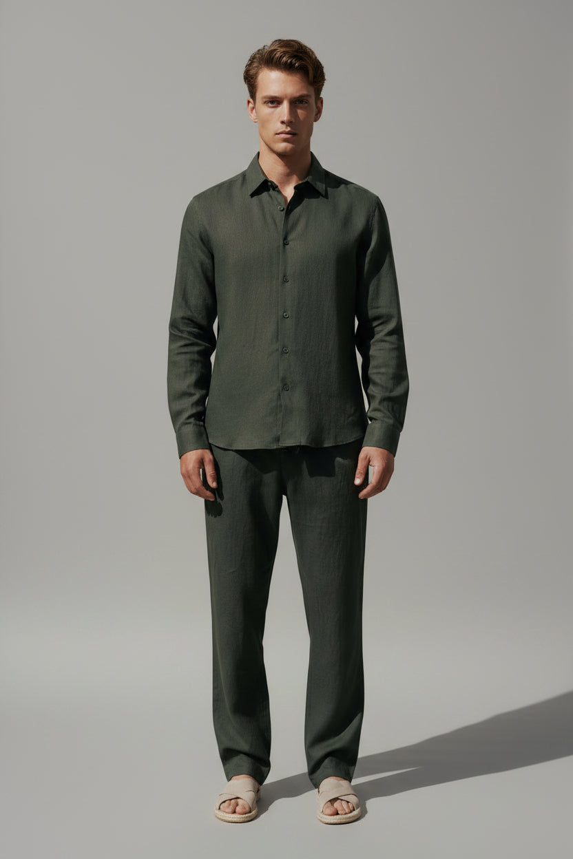 Men's Casual Linen Trousers - Lightweight Breathable Summer Pants, Relaxed Fit Olive Green Vacation Slacks