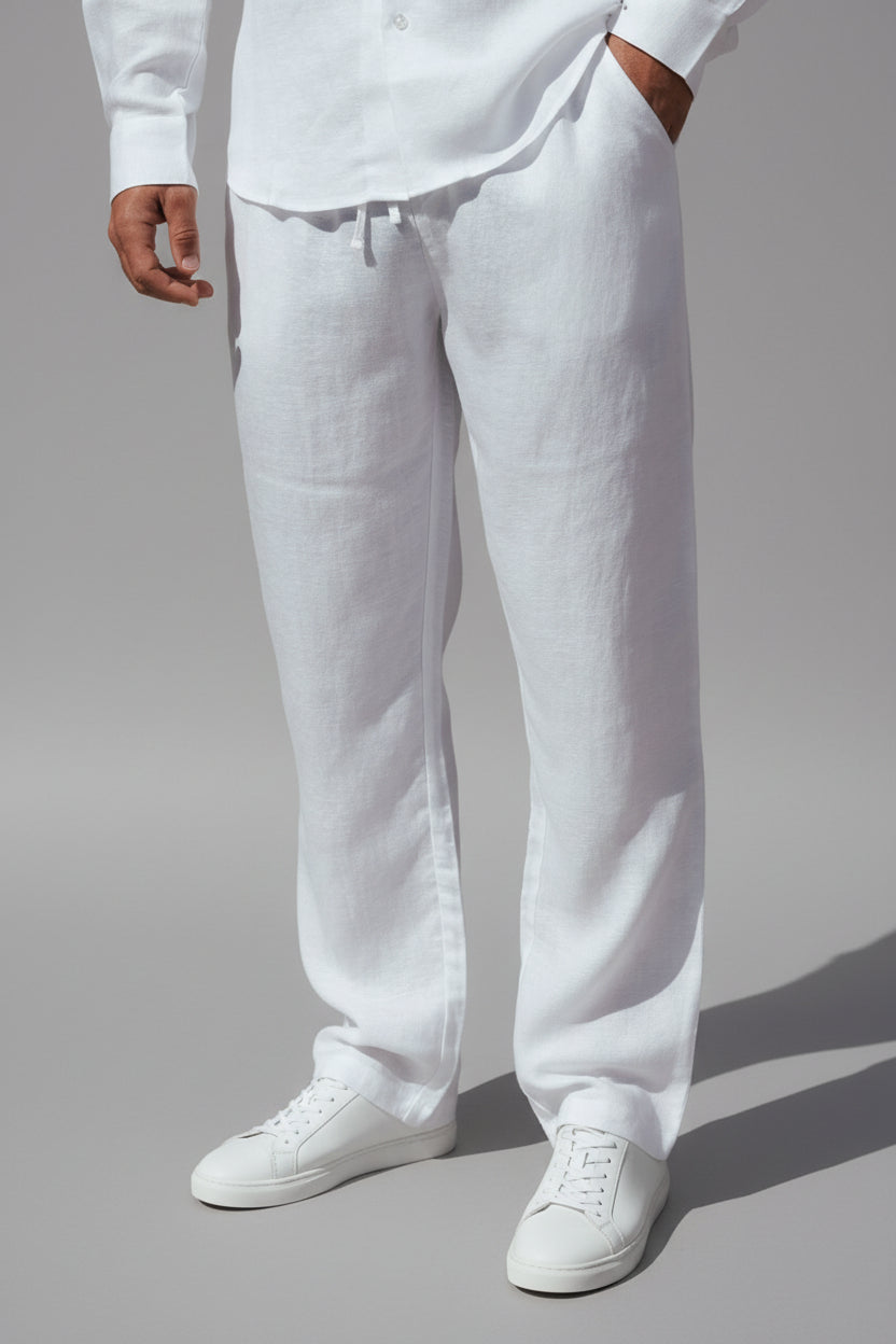 Men's Casual Linen Trousers - Lightweight Breathable Summer Pants, Relaxed Fit Classic White Vacation Slacks