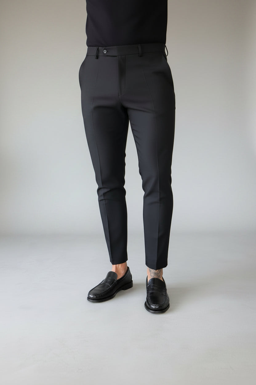 Men's Comfort Stretch Woven Trousers - Jet Black Premium Lightweight Pants, Casual Slim Straight Leg Summer Resort Slacks