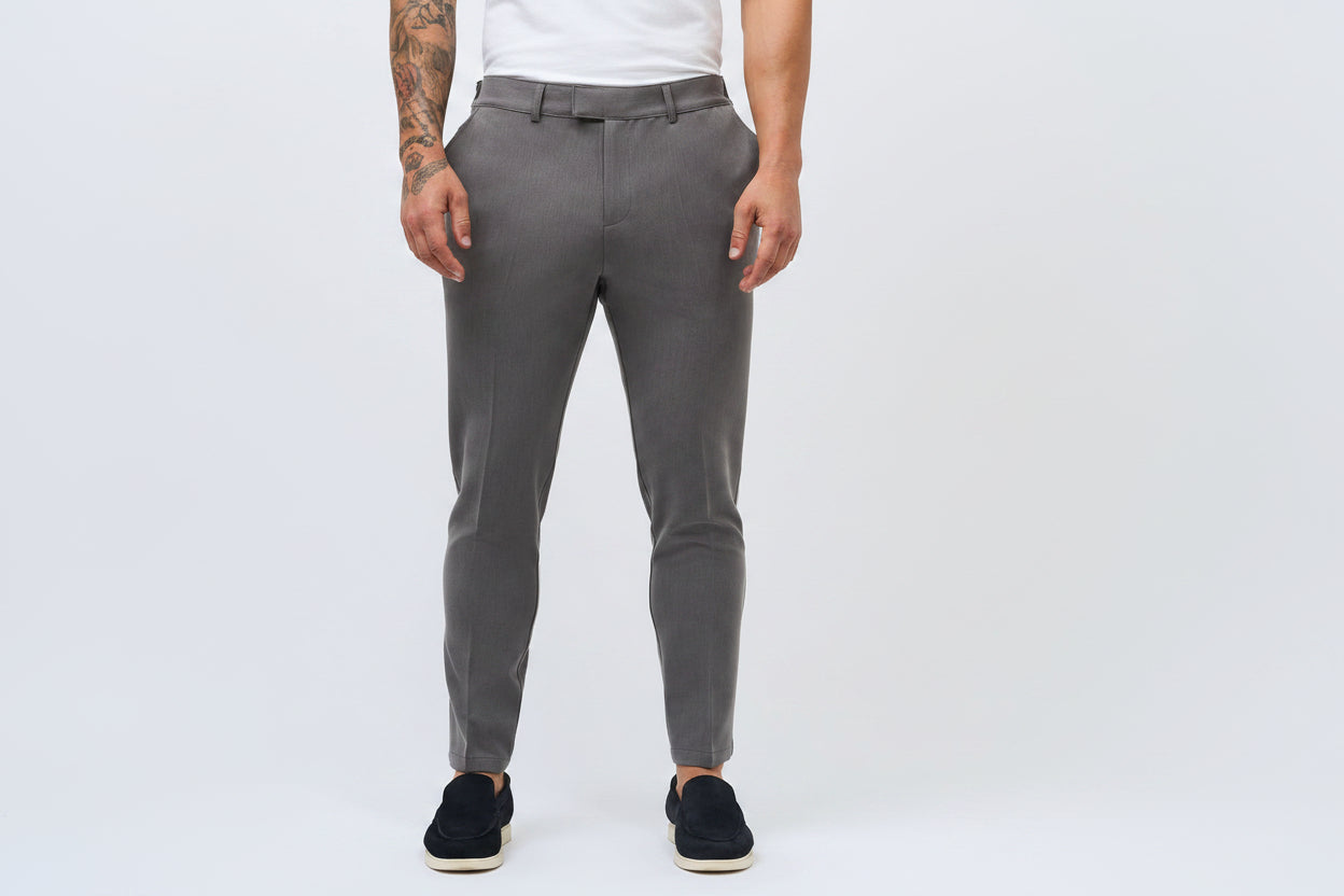 Men's Comfort Stretch Woven Trousers - Mineral Grey Premium Lightweight Pants, Casual Slim Straight Leg Summer Resort Slacks