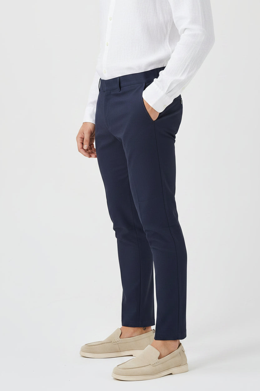 Men's Comfort Stretch Woven Trousers - Classic Navy Blue Premium Lightweight Pants, Casual Slim Straight Leg Summer Resort Slacks